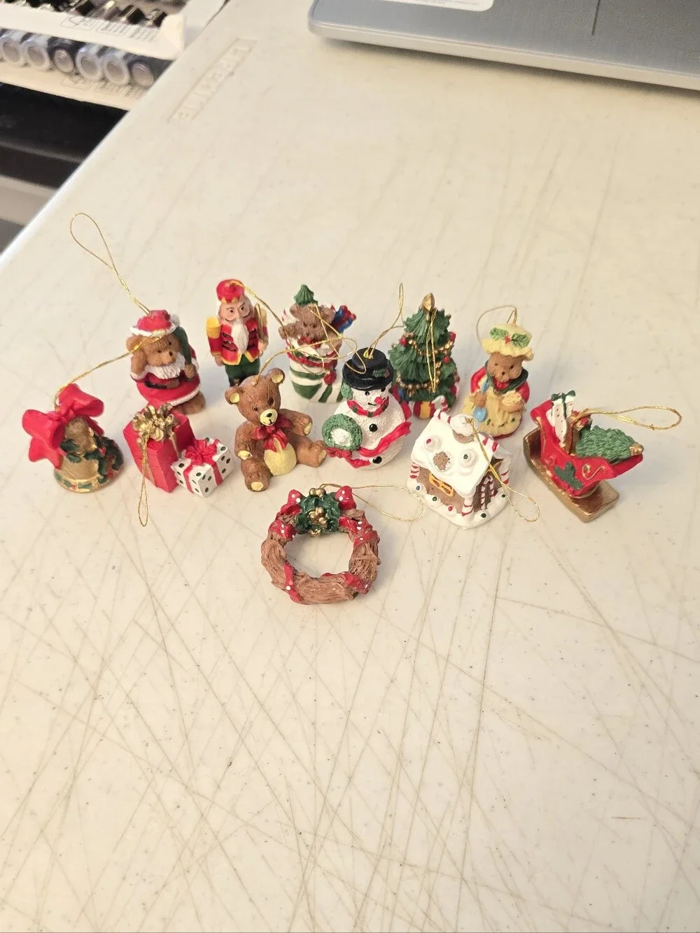 Lot of 12 Resin Miniature Christmas Ornaments Snowman Teddy Bear Nutcracker
